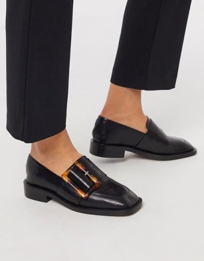 ASOS DESIGN Millicent premium leather square toe buckle loafer in black | buckled loafers - flipped