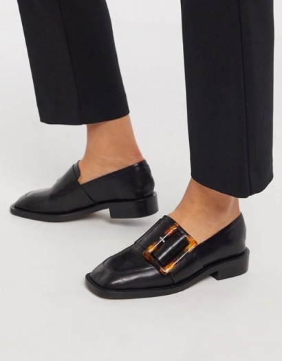 ASOS DESIGN Millicent premium leather square toe buckle loafer in black | buckled loafers