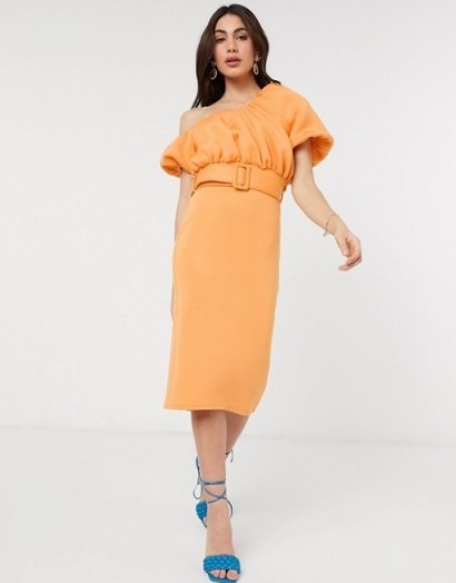 ASOS DESIGN one shoulder bubble neckline belted midi dress in apricot - flipped