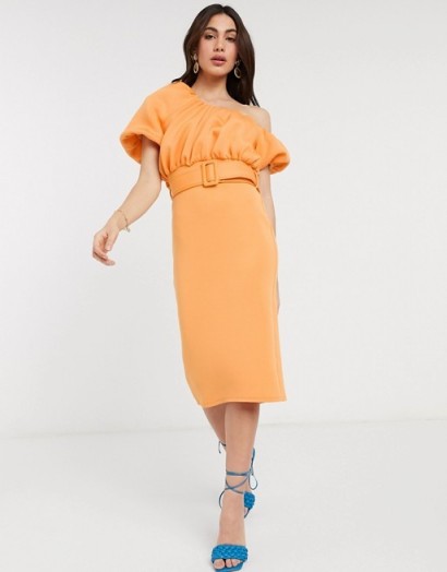 ASOS DESIGN one shoulder bubble neckline belted midi dress in apricot