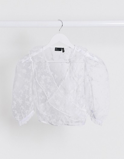 ASOS DESIGN organza wrap with burnout floral in white / sheer blouses