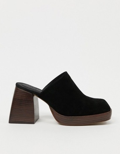 ASOS DESIGN Paloma premium suede heeled mules in black / chunky heeled mule - flipped