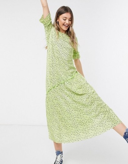 ASOS DESIGN plisse maxi dress with asym hem in floral print / relaxed fit ruffle trimmed dresses - flipped