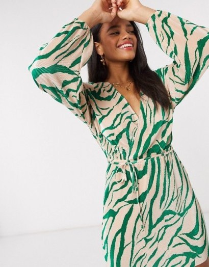 ASOS DESIGN plisse mini dress wrap belted in green abstract print - flipped