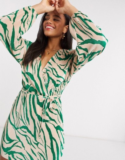 ASOS DESIGN plisse mini dress wrap belted in green abstract print