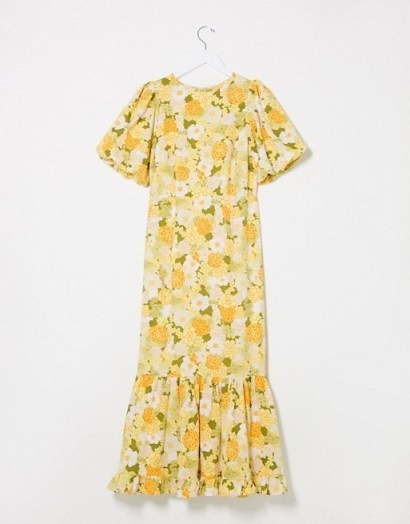 ASOS DESIGN puff sleeve maxi dress with pephem in 70’s yellow based floral / vintage look prints - flipped
