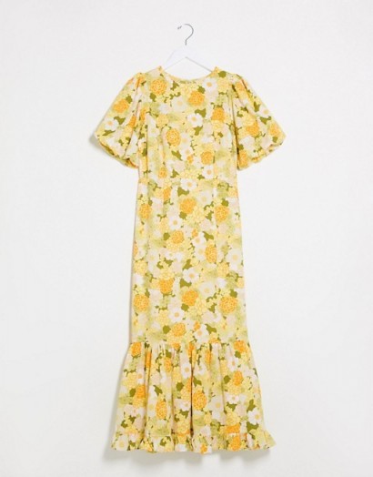 ASOS DESIGN puff sleeve maxi dress with pephem in 70’s yellow based floral / vintage look prints