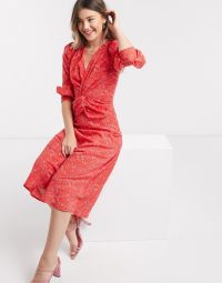 ASOS DESIGN twist front midi dress in pink and red spot print / splodge prints