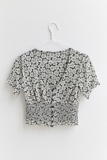 UO Bennett Button-Through Smocked Top Black and White - flipped