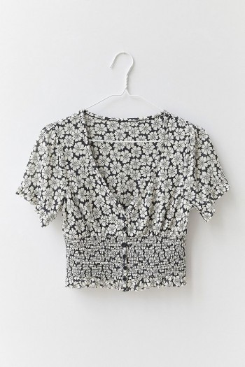 UO Bennett Button-Through Smocked Top Black and White