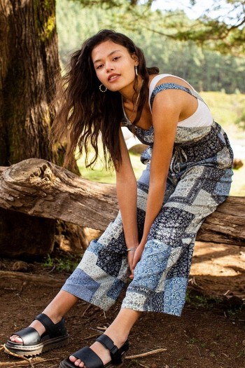 Urban Renewal Inspired By Vintage Soft Patchwork Dungarees Blue / floral patch print overalls