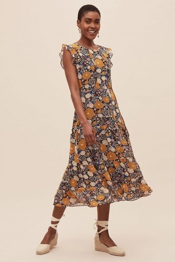 ANTHROPOLOGIE Jameela Floral Ruffled Midi Dress / ruffle trimmed summer frock - flipped