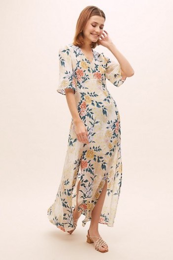 Pyrus Taro Floral-Print Silk Maxi Dress / double slit summer dresses - flipped