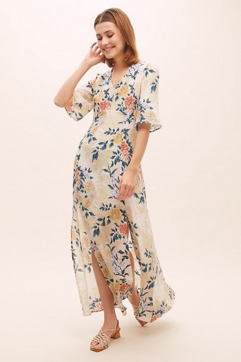 Pyrus Taro Floral-Print Silk Maxi Dress / double slit summer dresses