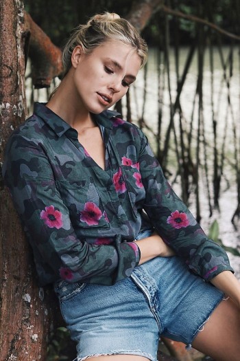 Cloth & Stone Gigi Shirt Green Motif ~ camo and flower print shirts