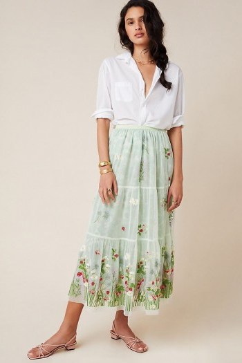 Alice Archer x Anthropologie Coretta Embroidered Tulle Maxi Skirt Mint / green summer skirts - flipped
