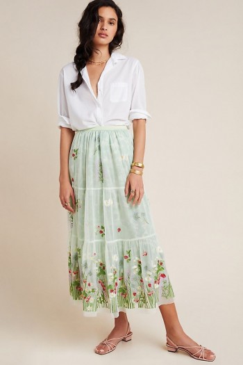 Alice Archer x Anthropologie Coretta Embroidered Tulle Maxi Skirt Mint / green summer skirts