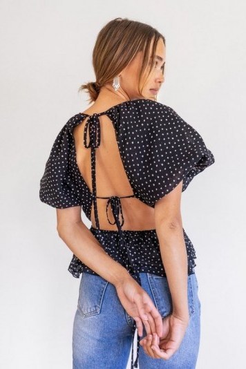 NASTY GAL Be Tie Baby Puff Sleeve Spotty Blouse / black open back top - flipped