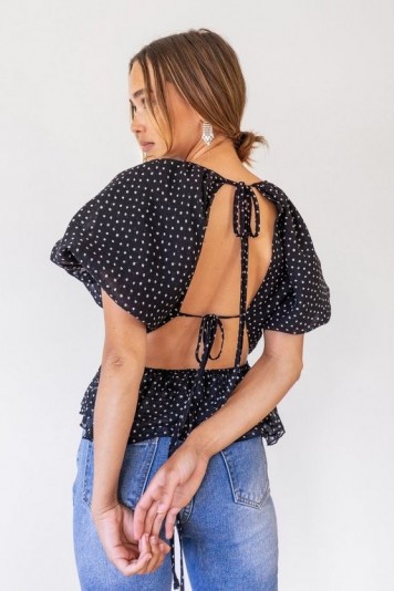 NASTY GAL Be Tie Baby Puff Sleeve Spotty Blouse / black open back top