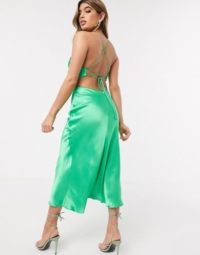 Bec & Bridge loren cut out midi slip dress in emerald / glossy green fabrics / strappy tie back dresses - flipped