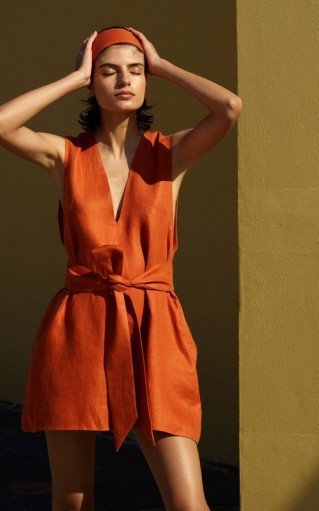 Bondi Born Belted Linen-Twill Mini Dress in Orange