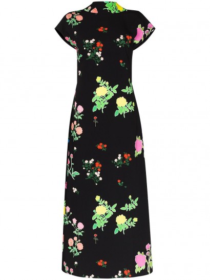 Bernadette Valentine floral-print midi dress / chic high-neck deep V-back dreses