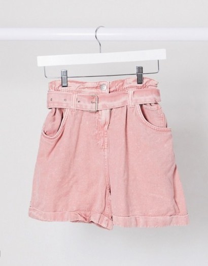 Bershka paperbag belted denim shorts in washed pink – summer day fashion - flipped