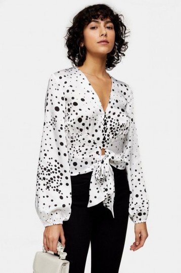 TOPSHOP Black And White Animal Print Frill Tie Blouse / mono blouses - flipped