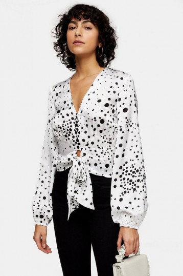 TOPSHOP Black And White Animal Print Frill Tie Blouse / mono blouses