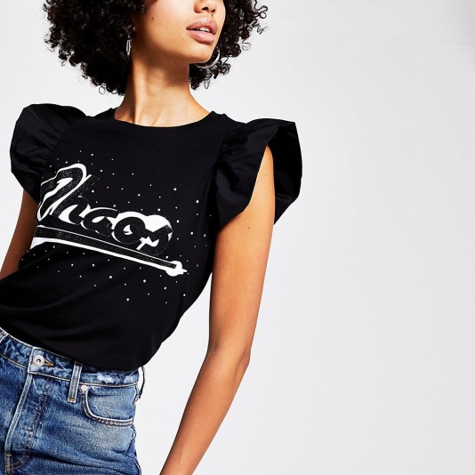 RIVER ISLAND Black ‘Chaos’ taffeta sleeve T-shirt / frill sleeved slogan tee