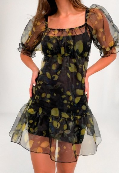 MISSGUIDED black lemon print organza tiered smock dress / semi sheer puff sleeve dresses - flipped