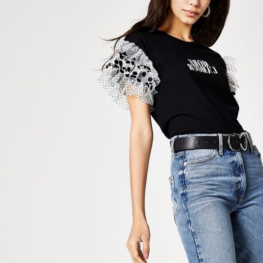 RIVER ISLAND Black ‘More l’amour’ frill sleeve T-shirt - flipped