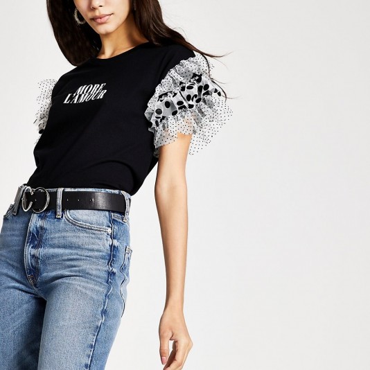 RIVER ISLAND Black ‘More l’amour’ frill sleeve T-shirt