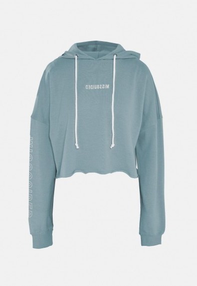 MISSGUIDED blue missguided hoodie / slogan-print raw hem hoodies - flipped