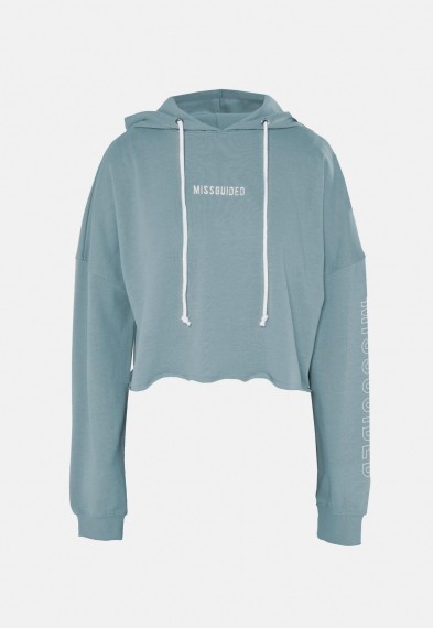 MISSGUIDED blue missguided hoodie / slogan-print raw hem hoodies