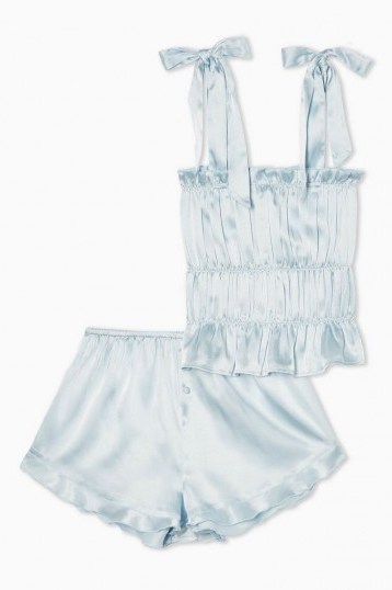 TOPSHOP Blue Satin Ruched Cami Pyjama Set – nightwear – pretty pyjamas - flipped