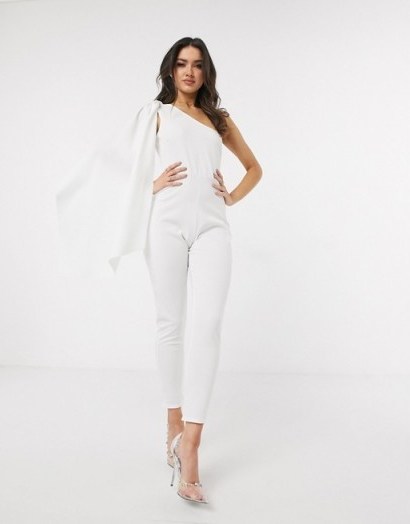 Boohoo one shoulder jumpsuit with drape detail in white - flipped