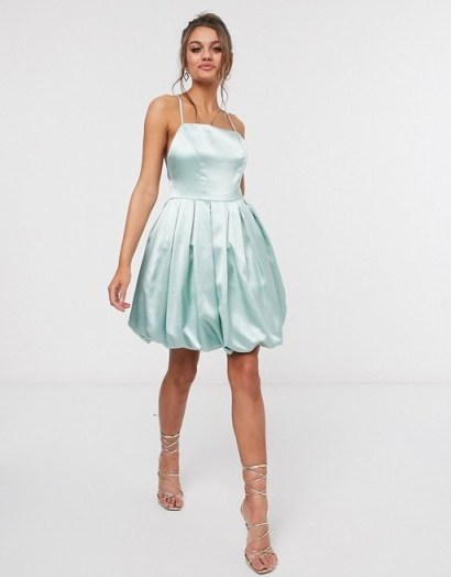 Boohoo Petite satin mini puffball dress in blue – party dresses with volume - flipped