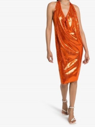 Bottega Veneta Cowl Neck Mirror Gathered Midi Dress ~ shiny orange cocktail dresses - flipped