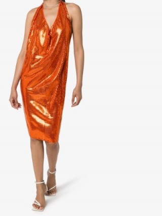 Bottega Veneta Cowl Neck Mirror Gathered Midi Dress ~ shiny orange cocktail dresses
