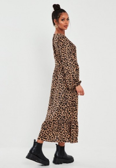 MISSGUIDED brown leopard print ruffle hem midi smock dress - flipped