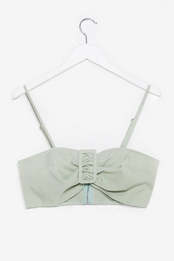 NASTY GAL Buckle It Up Buttercup Linen Bra Top Sage – strappy bralet tops - flipped