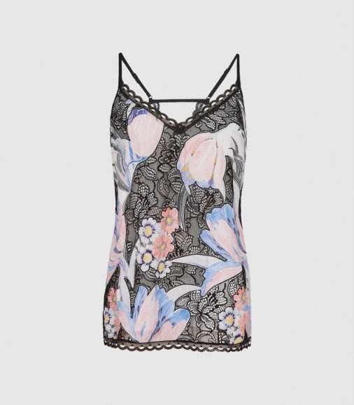 REISS CALI FLORAL PRINTED CAMI TOP BLUE PRINT ~ feminine open back camisole - flipped