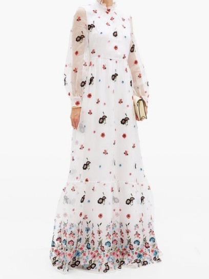 ERDEM Clementine floral-embroidered organza gown – romantic high neck, sheer sleeved event gowns