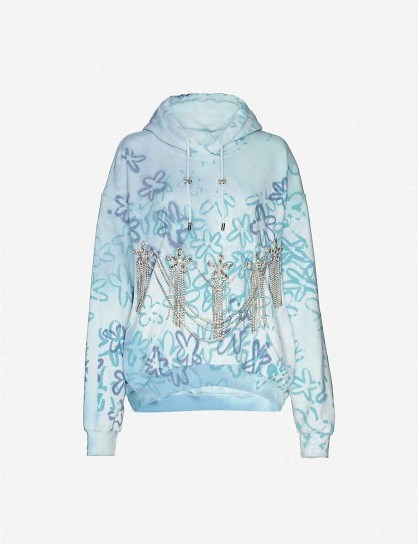 COLLINA STRADA Rhinestone-appliqué floral-print cotton-blend hoody in blue | casual luxe - flipped