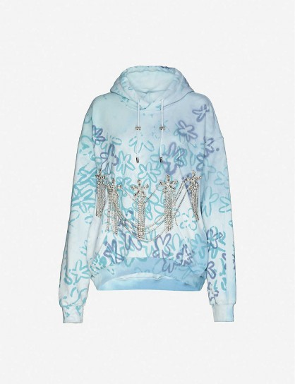 COLLINA STRADA Rhinestone-appliqué floral-print cotton-blend hoody in blue | casual luxe