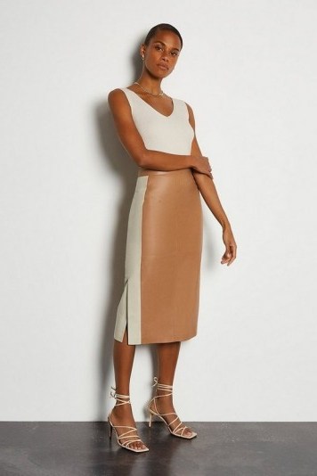 KAREN MILLEN Colourblock Leather Pencil Skirt ~ tan skirts - flipped