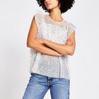 RIVER ISLAND Cream sequin embellished frill blouse