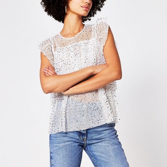 RIVER ISLAND Cream sequin embellished frill blouse - flipped
