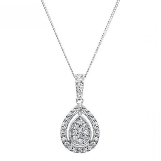 9CT WHITE GOLD 0.25CT DIAMOND PEAR CLUSTER HALO PENDANT - flipped